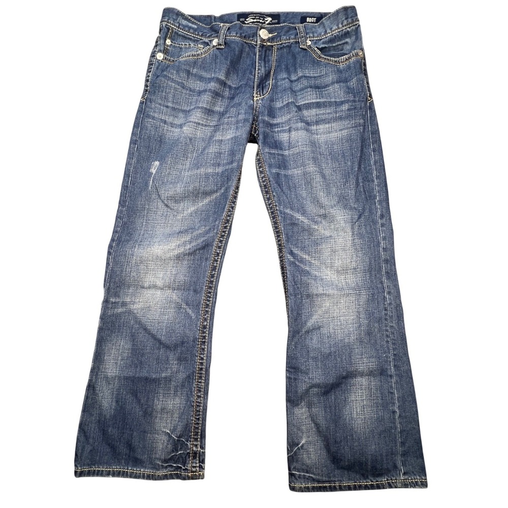 Seven7 Blue Denim Bootcut Distressed Flap Pocket Jeans Mens 34x30